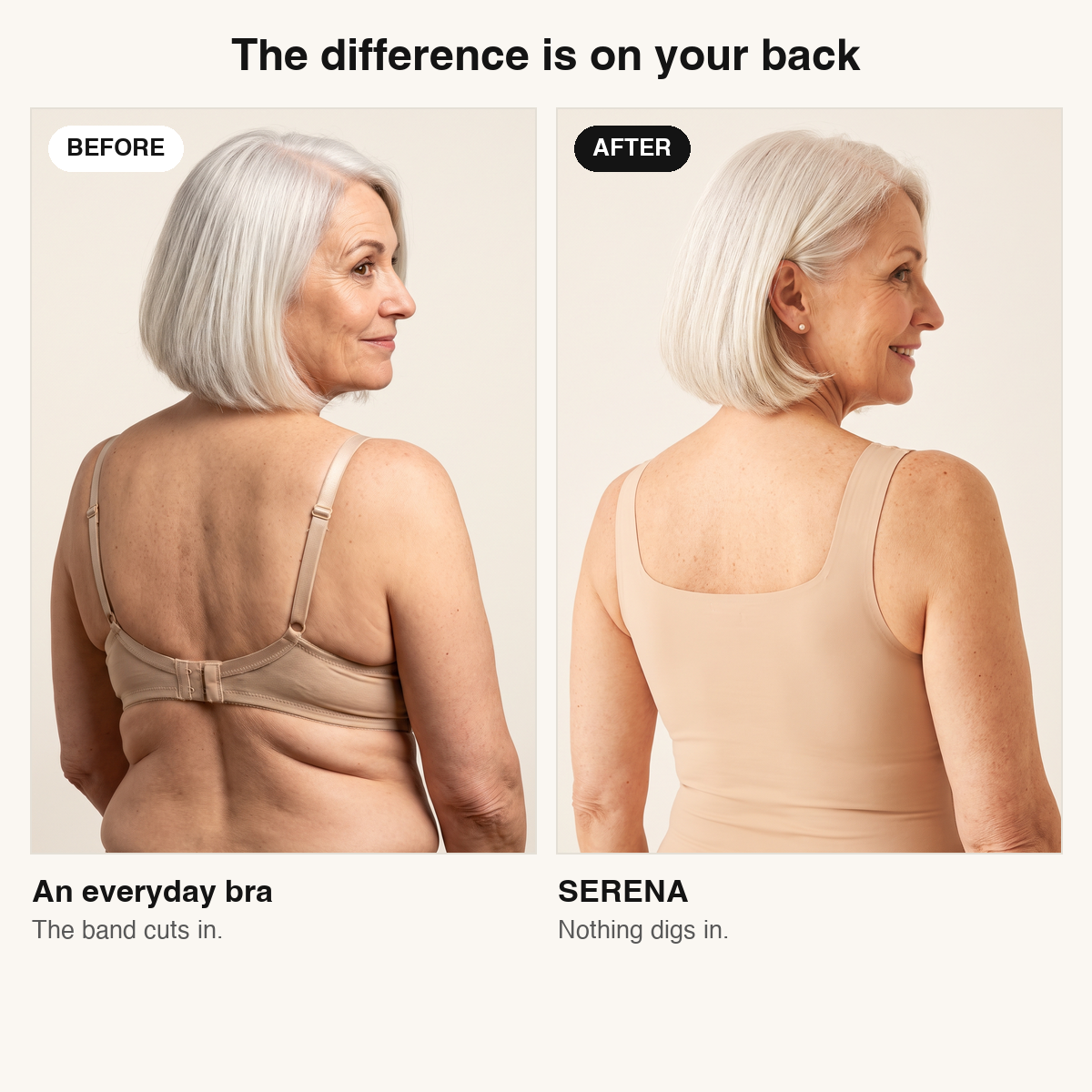 The same back, in an everyday bra and in the SERENA tank