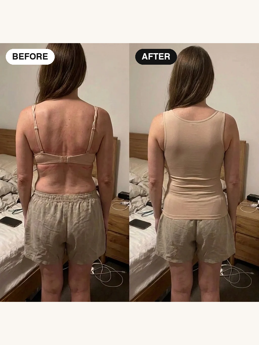 The same back in an everyday bra and in the SERENA tank, seen from behind