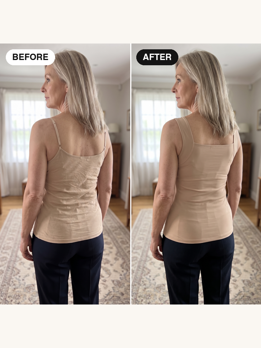 Susan before, at her kitchen table in her old bra, and after in the SERENA tank