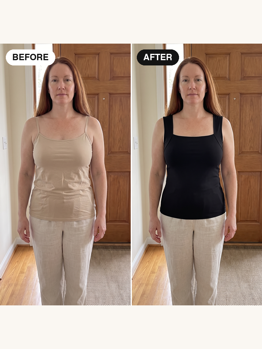 Karen before, on her sofa in her old bra, and after in the SERENA tank