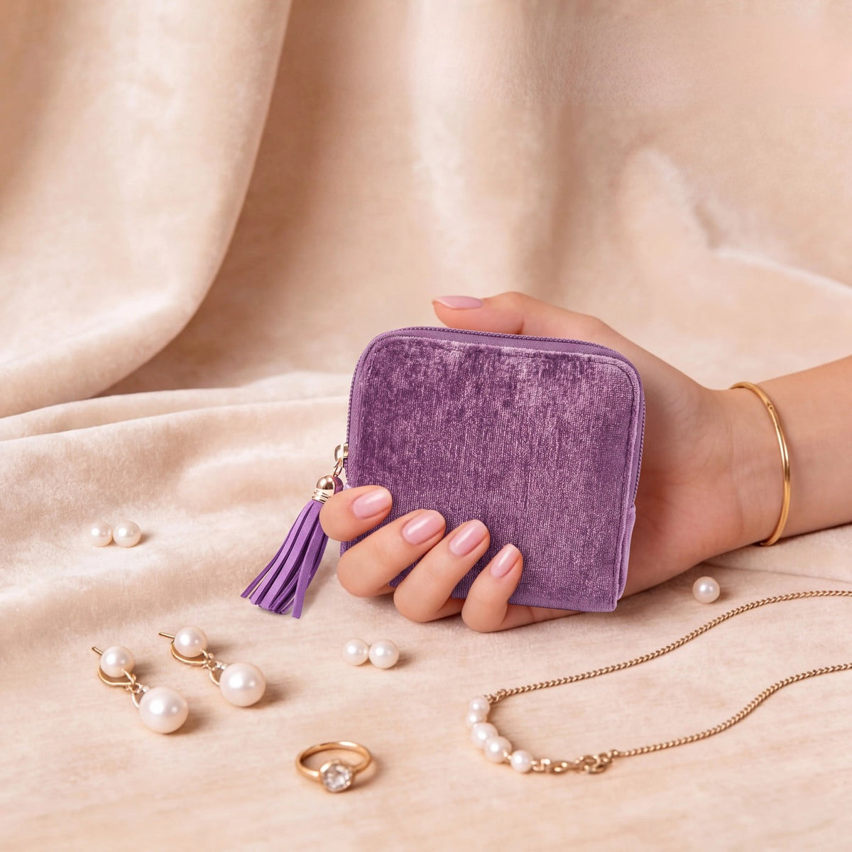 Perly jewelry case held in one hand beside necklaces and rings
