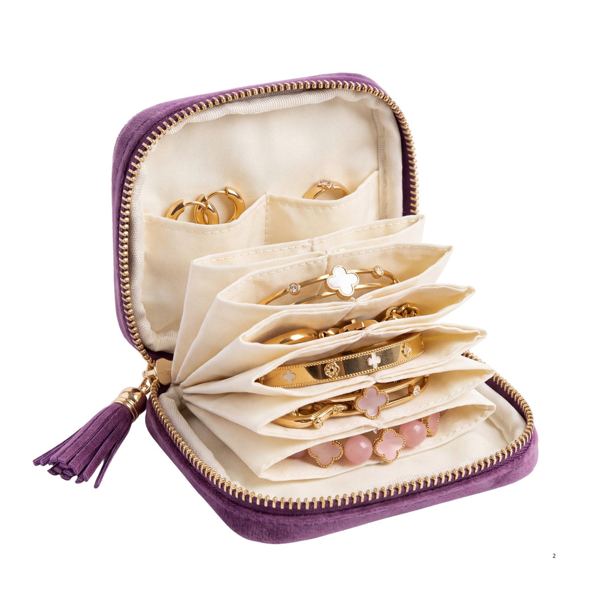 Perly opened flat showing six soft accordion pockets holding jewelry